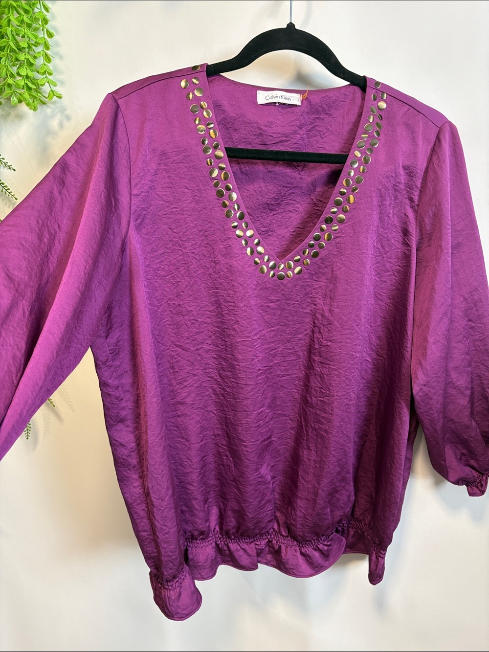 Calvin Klein Magenta V-Neck Blouse with Gold Stud Accents